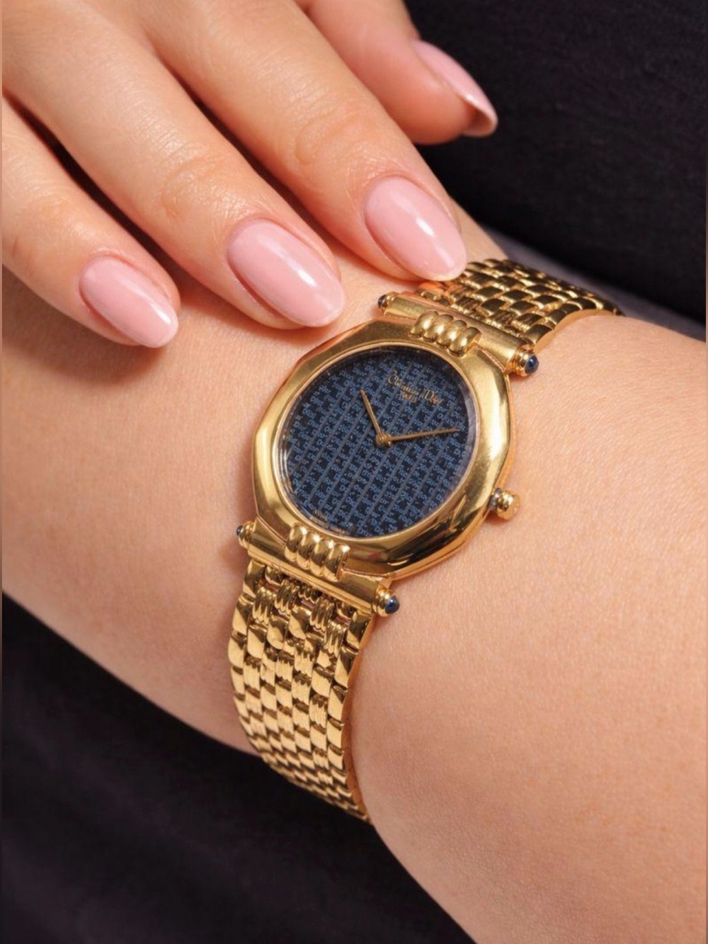 Christian Dior Gold Tone Ladies Watch with Blue Patterned Dial